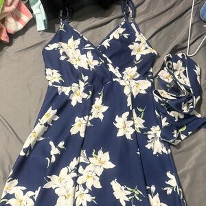 Floral Blue Dress with White Lily Print